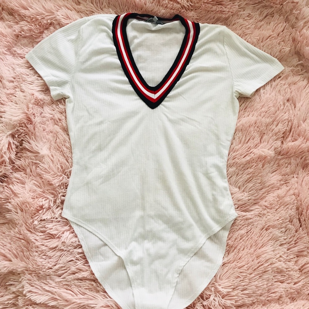 V neck Red White + Black Bodysuit